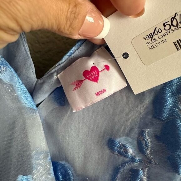 Buddy Love FELICITY CHRYSANTHEMUM BODYSUIT Blue Floral Puff Sleeve Top  Medium - Picture 8 of 10